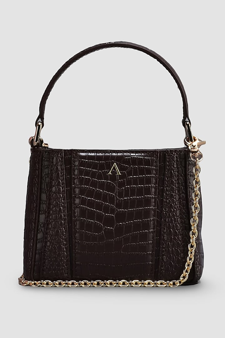 Chocolate Brown Genuine Italian Leather Metallic Embellished & Gold Embossed Bag by Akinna Milano at Pernia's Pop Up Shop