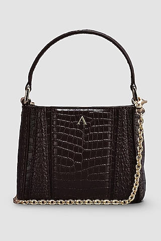 Chocolate Brown Genuine Leather Metallic Embellished & Gold Embossed Bag by Akinna