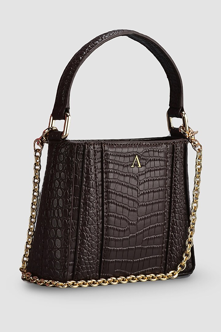 Chocolate Brown Genuine Leather Metallic Embellished & Gold Embossed Bag by Akinna at Pernia's Pop Up Shop