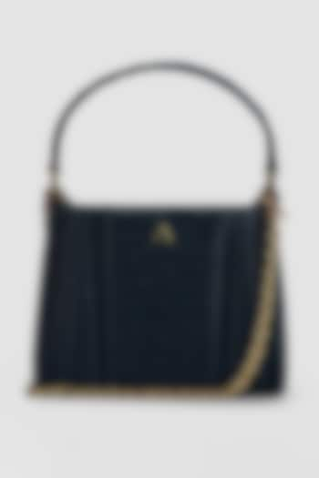 Dull Navy Blue Genuine Italian Leather Metallic Embellished & Gold Embossed Bag by Akinna Milano at Pernia's Pop Up Shop