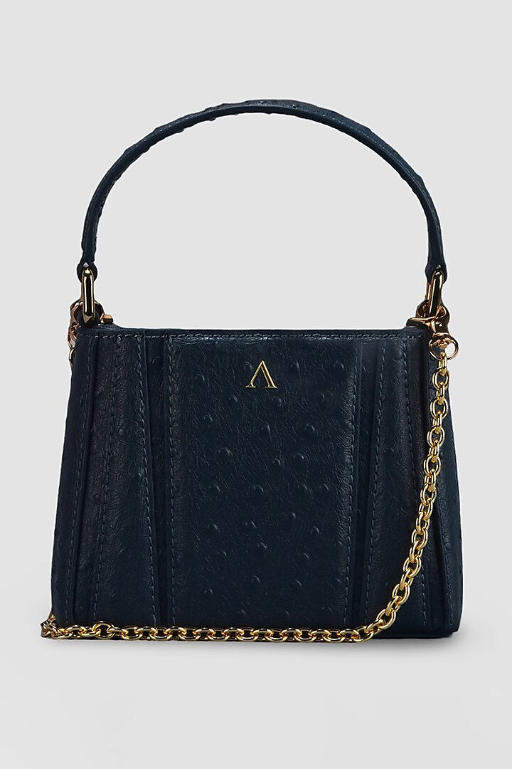 Dull Navy Blue Genuine Italian Leather Metallic Embellished & Gold Embossed Bag by Akinna Milano at Pernia's Pop Up Shop