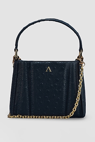 Dull Navy Blue Genuine Leather Metallic Embellished & Gold Embossed Bag by Akinna