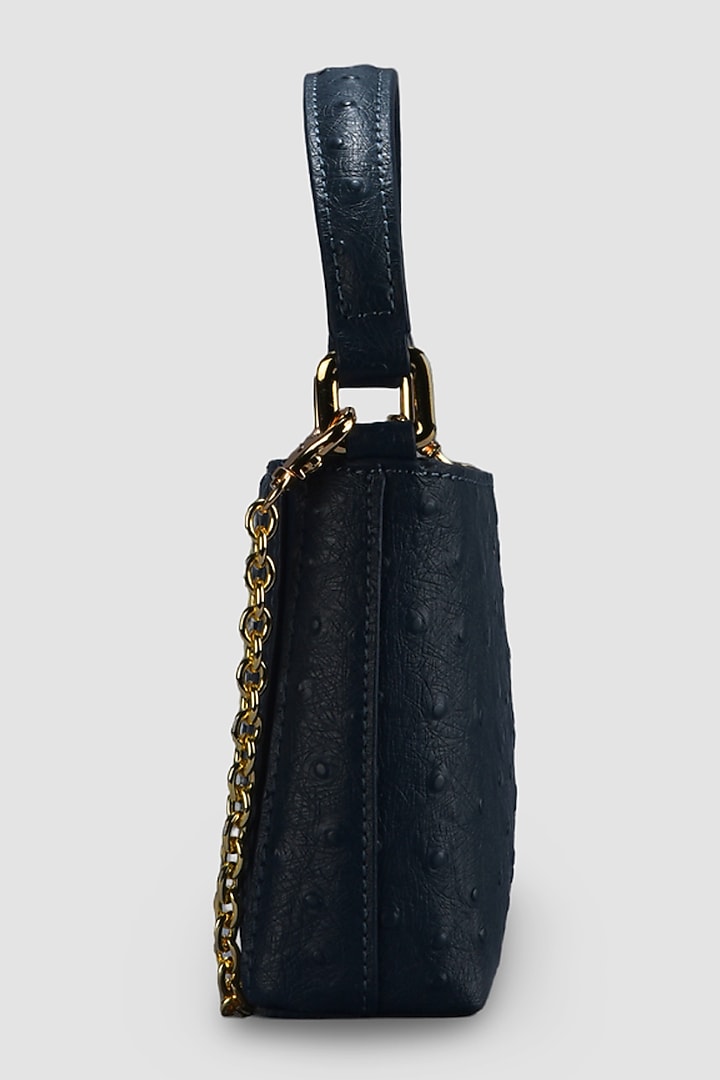 Dull Navy Blue Genuine Leather Metallic Embellished & Gold Embossed Bag by Akinna at Pernia's Pop Up Shop