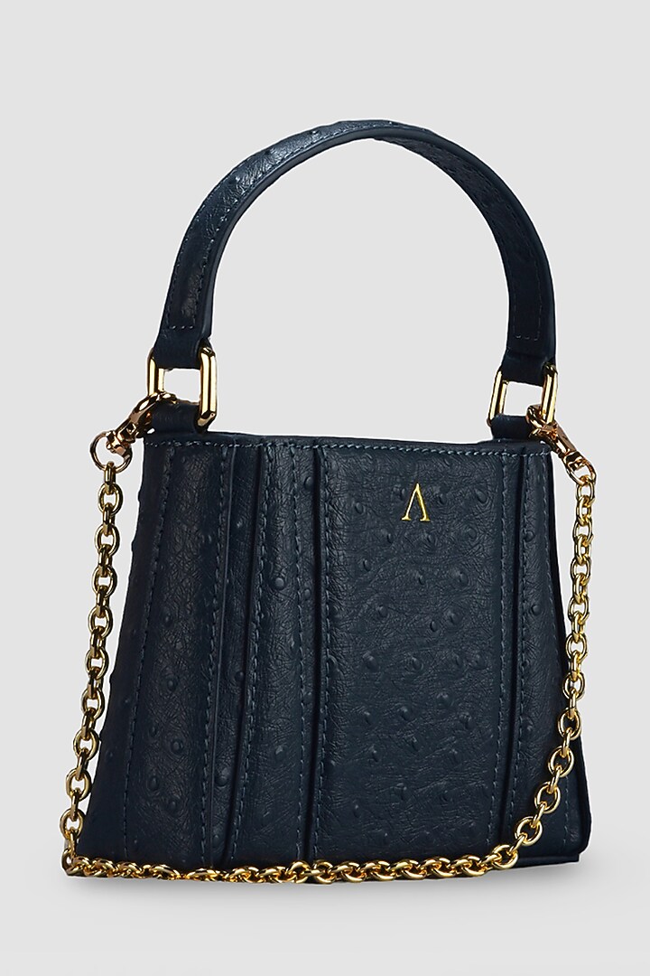 Dull Navy Blue Genuine Leather Metallic Embellished & Gold Embossed Bag by Akinna at Pernia's Pop Up Shop
