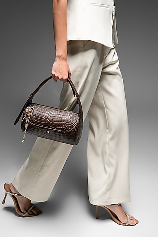 Chocolate Brown Genuine Leather Metallic Embellished & Gold Embossed Bag by Akinna