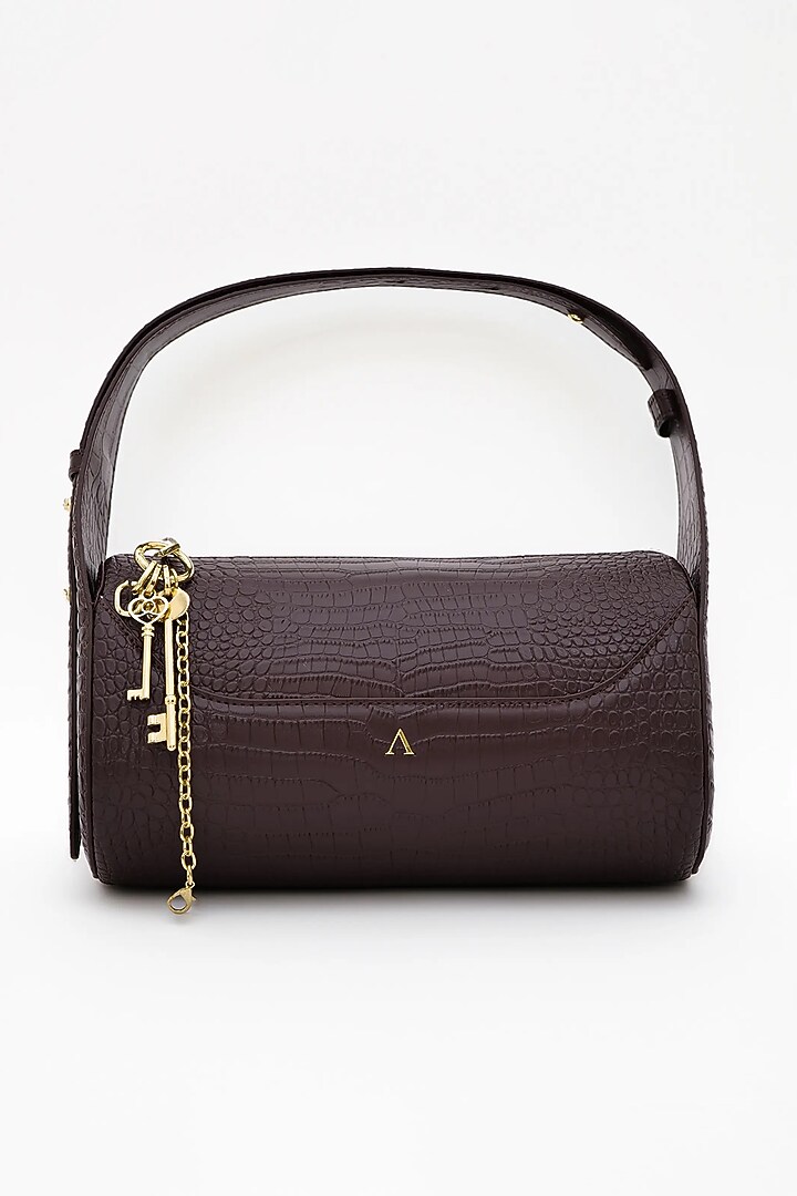 Chocolate Brown Genuine Leather Metallic Embellished & Gold Embossed Bag by Akinna at Pernia's Pop Up Shop