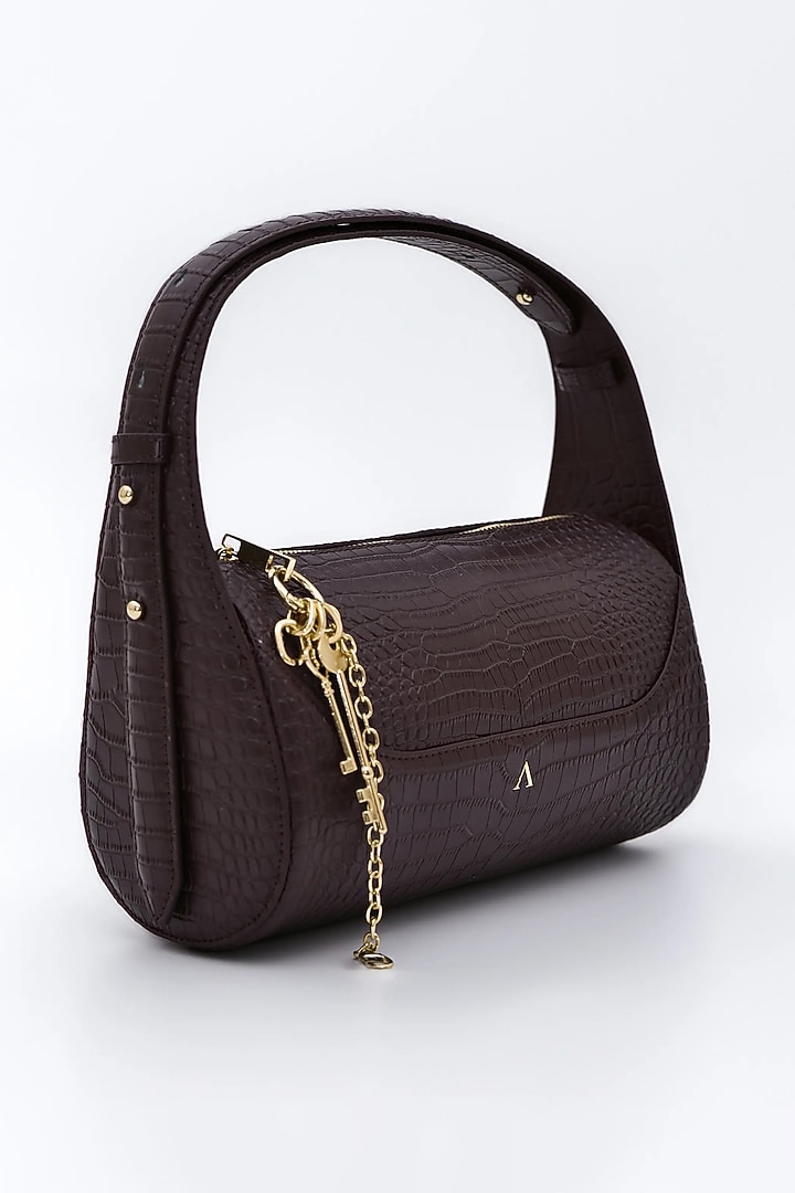 Chocolate Brown Genuine Leather Metallic Embellished & Gold Embossed Bag by Akinna at Pernia's Pop Up Shop