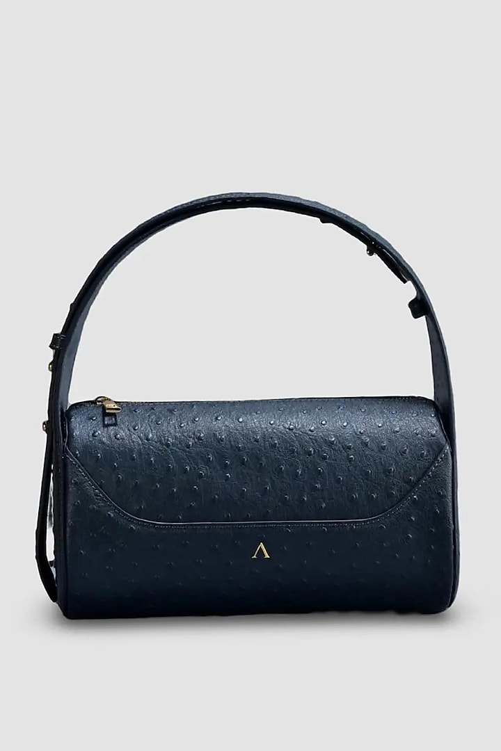 Dull navy Blue Genuine Italian Leather Metallic Embellished & Gold Embossed Bag by Akinna Milano at Pernia's Pop Up Shop