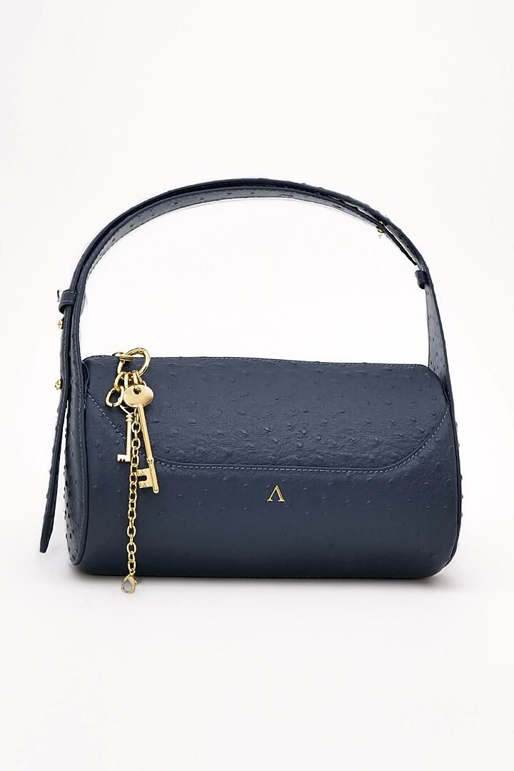 Dull navy Blue Genuine Leather Metallic Embellished & Gold Embossed Bag by Akinna at Pernia's Pop Up Shop