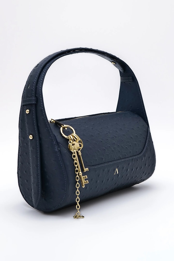 Dull navy Blue Genuine Leather Metallic Embellished & Gold Embossed Bag by Akinna at Pernia's Pop Up Shop