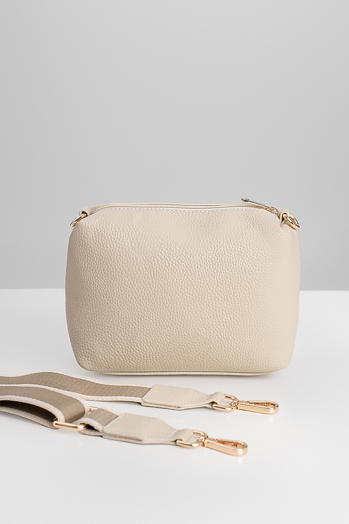 Beige Genuine Leather Metallic Embellished & Gold Embossed Bag by Akinna at Pernia's Pop Up Shop