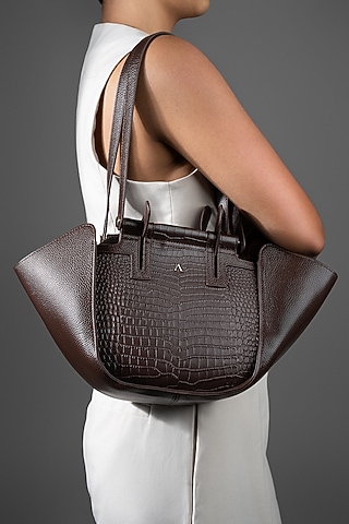 Chocolate Brown Genuine Leather Metallic Embellished & Gold Embossed Bag by Akinna