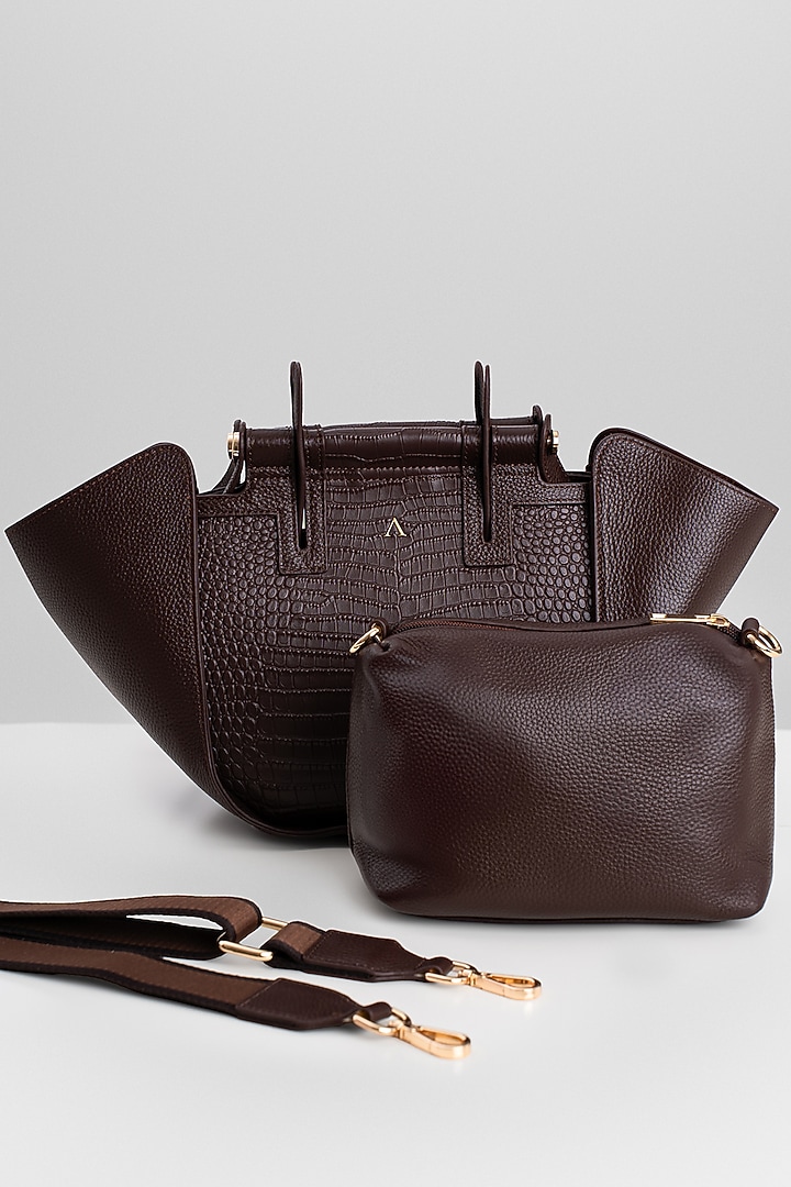 Chocolate Brown Genuine Leather Metallic Embellished & Gold Embossed Bag by Akinna at Pernia's Pop Up Shop