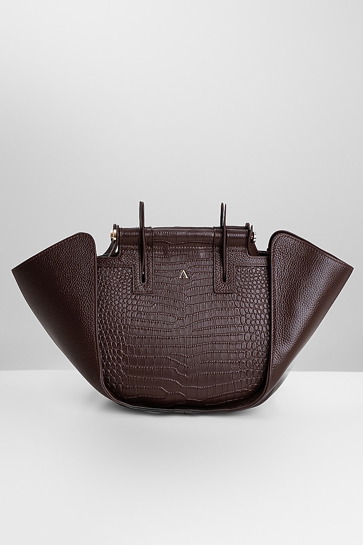Chocolate Brown Genuine Leather Metallic Embellished & Gold Embossed Bag by Akinna at Pernia's Pop Up Shop