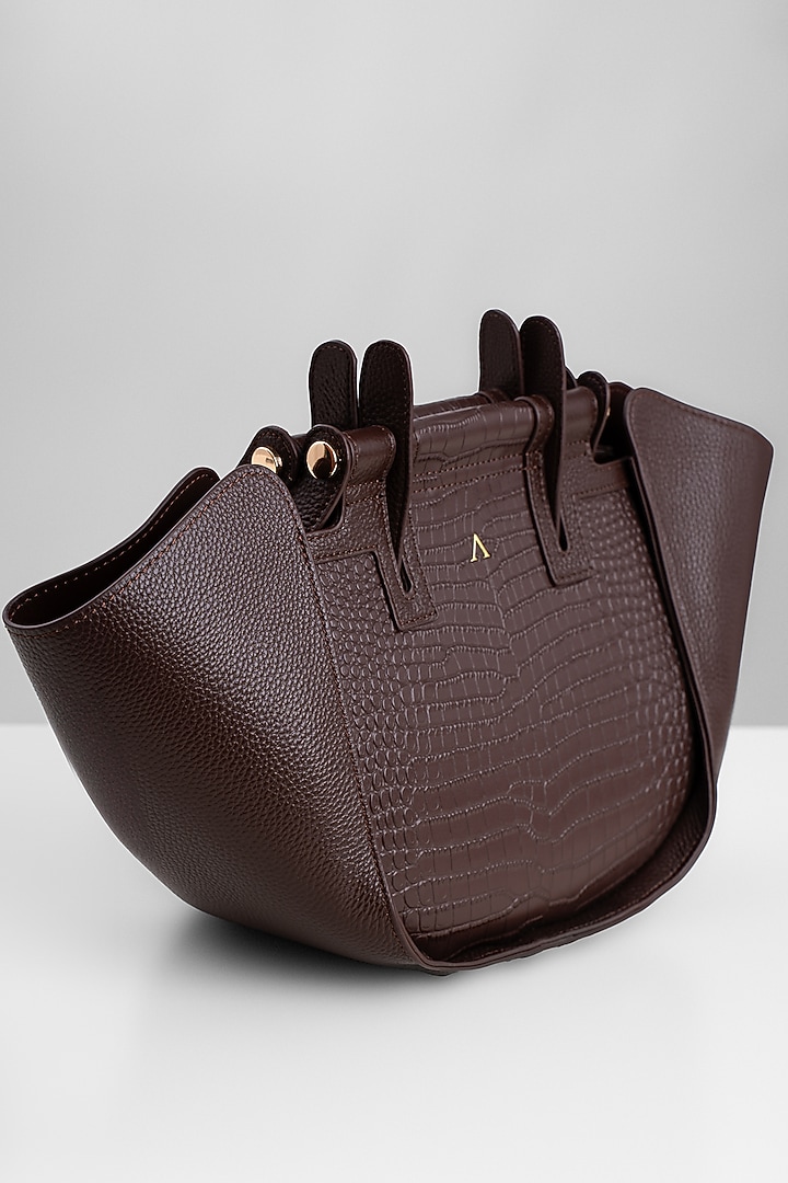 Chocolate Brown Genuine Leather Metallic Embellished & Gold Embossed Bag by Akinna at Pernia's Pop Up Shop