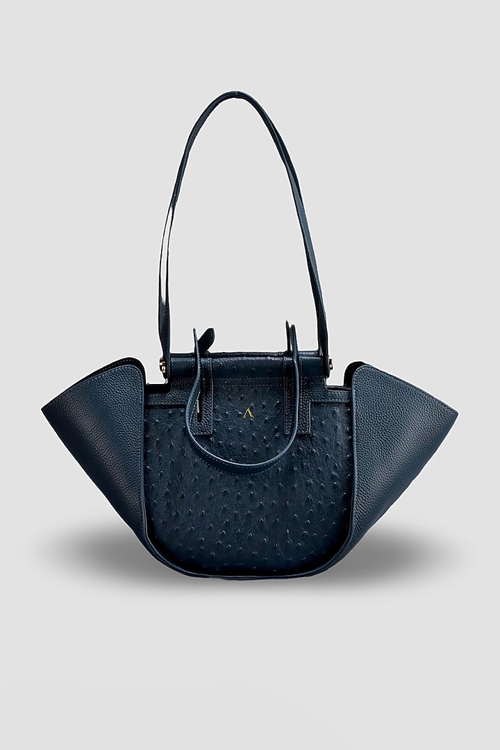 Dull Navy Blue Genuine Italian Leather Metallic Embellished & Gold Embossed Bag by Akinna Milano at Pernia's Pop Up Shop