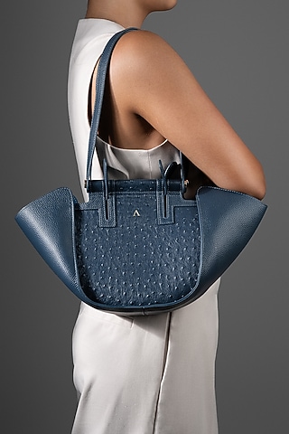 Dull Navy Blue Genuine Leather Metallic Embellished & Gold Embossed Bag by Akinna