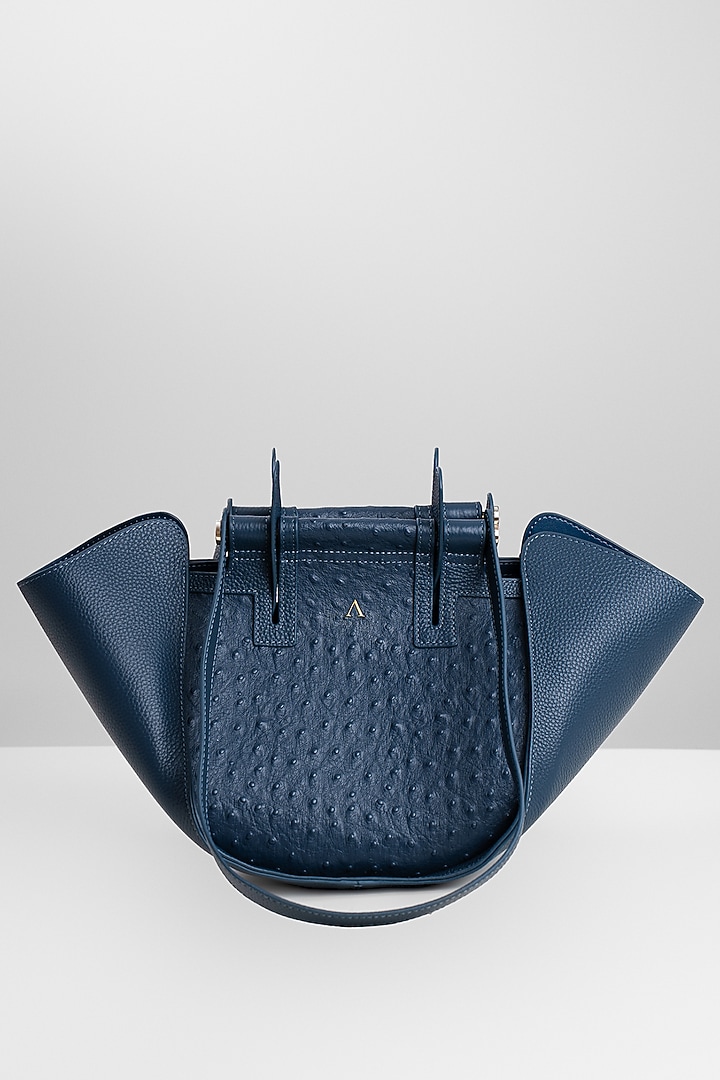 Dull Navy Blue Genuine Leather Metallic Embellished & Gold Embossed Bag by Akinna at Pernia's Pop Up Shop