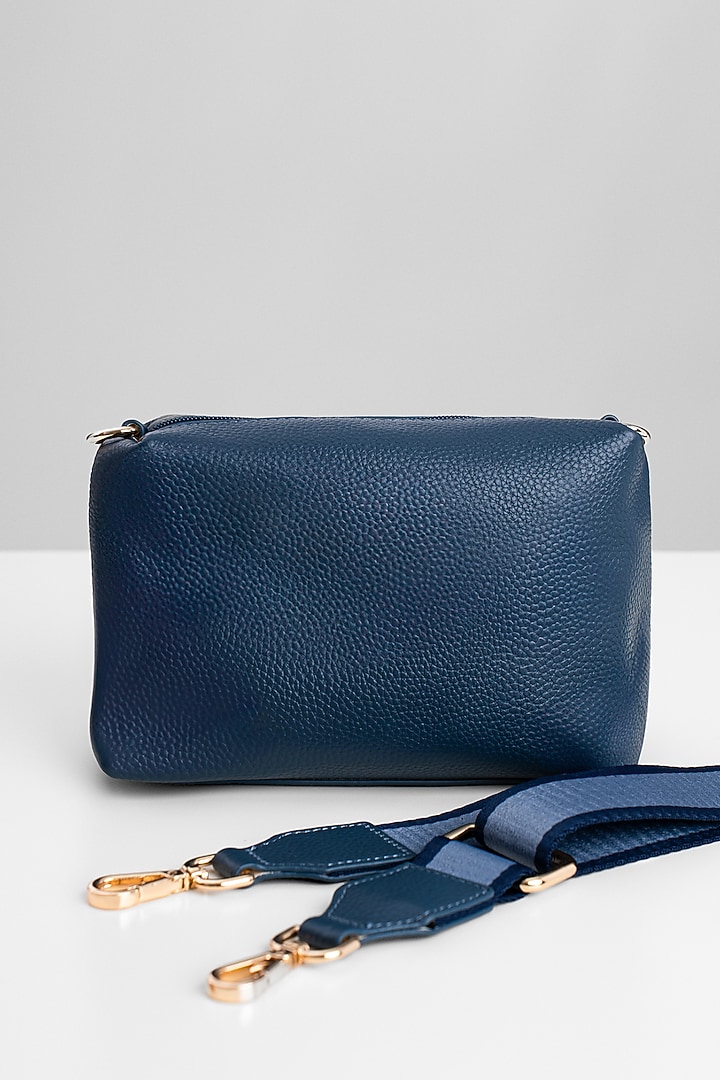 Dull Navy Blue Genuine Leather Metallic Embellished & Gold Embossed Bag by Akinna at Pernia's Pop Up Shop