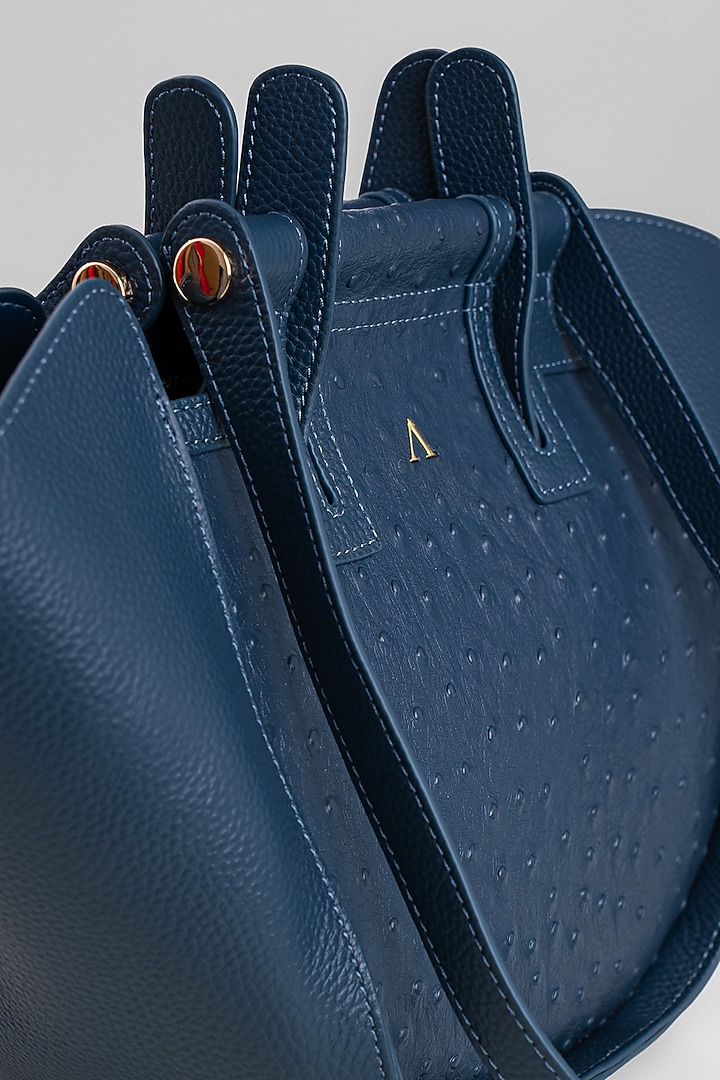 Dull Navy Blue Genuine Leather Metallic Embellished & Gold Embossed Bag by Akinna at Pernia's Pop Up Shop