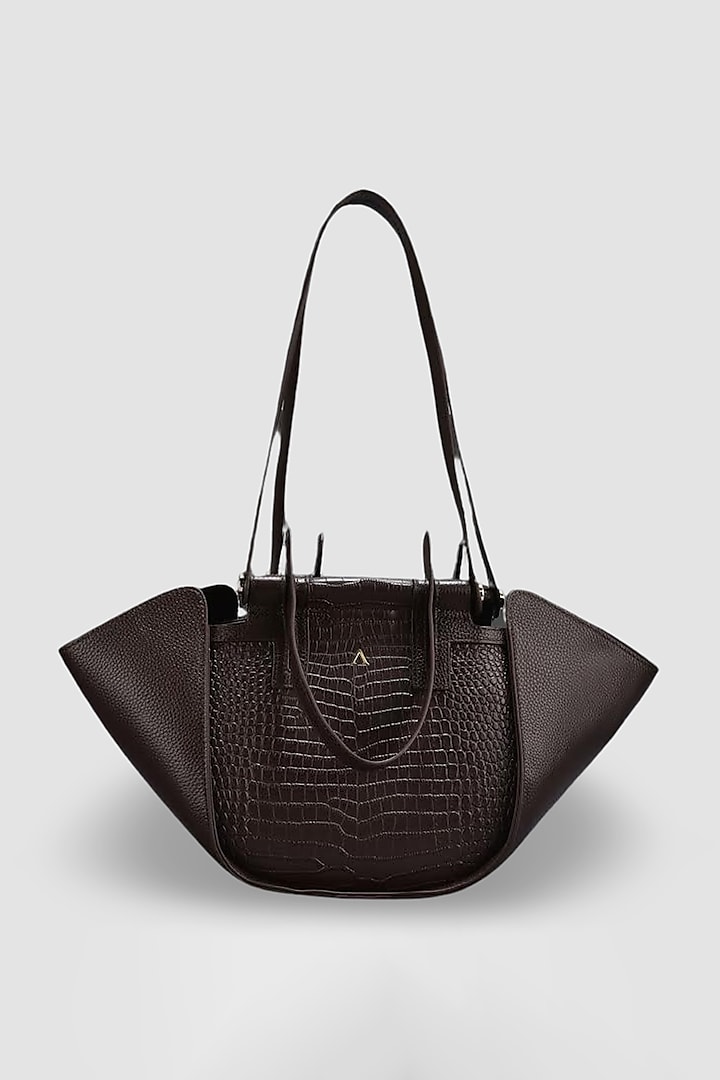 Chocolate Brown Genuine Italian Leather Metallic Embellished & Gold Embossed Bag by Akinna Milano at Pernia's Pop Up Shop