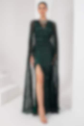 Midnight Green Tulle Hand Embellished Cape Gown by AKARA at Pernia's Pop Up Shop