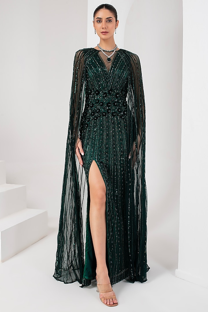 Midnight Green Tulle Hand Embellished Cape Gown by AKARA at Pernia's Pop Up Shop