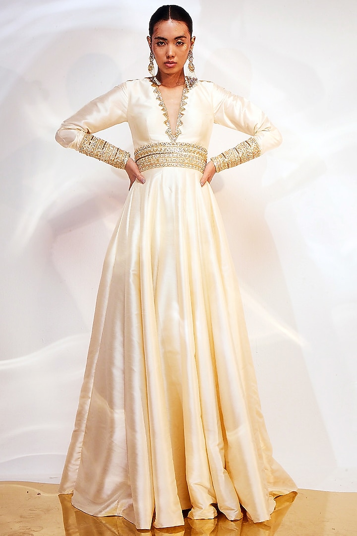 Ivory Taffeta Silk Hand Embellished A-Line Anarkali by AKARA at Pernia's Pop Up Shop