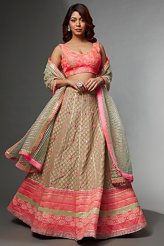 Beige Woven Fabric Embroidered Lehenga Set by Avnni Kapur