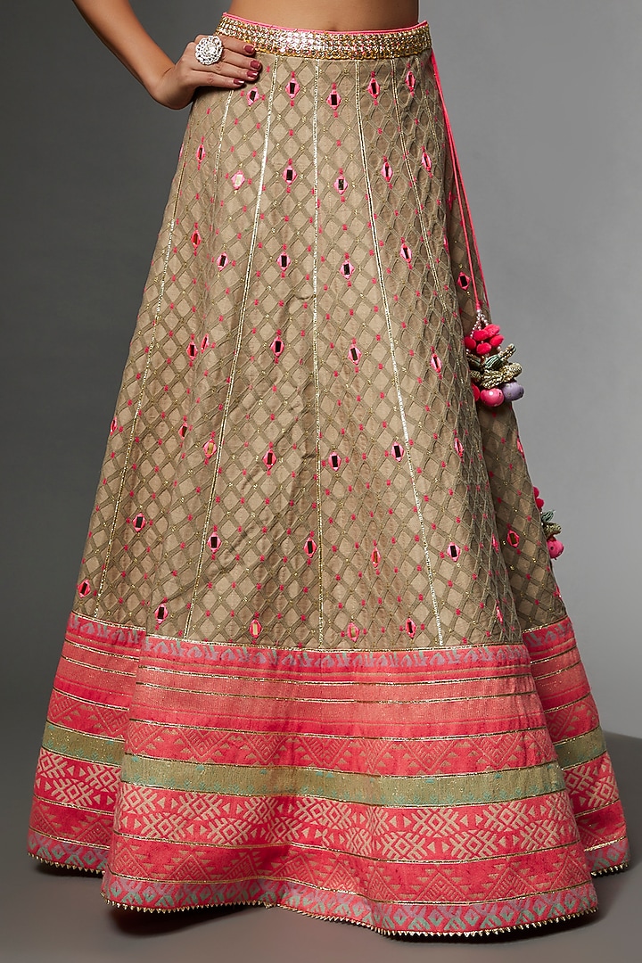 Beige Woven Fabric Embroidered Wedding Lehenga Set by Avnni Kapur at Pernia's Pop Up Shop