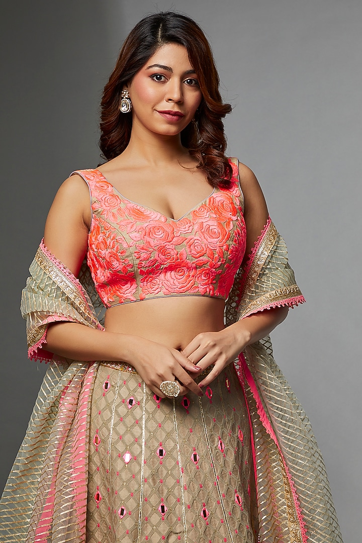 Beige Woven Fabric Embroidered Wedding Lehenga Set by Avnni Kapur at Pernia's Pop Up Shop