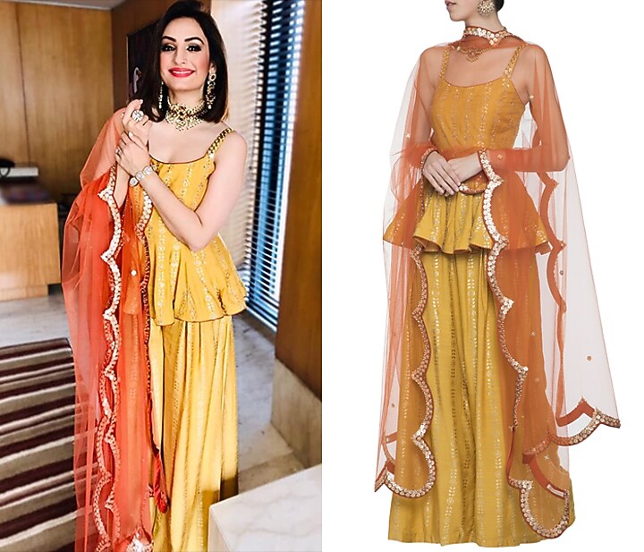 Mustard embroidered foil print peplum top with palazzo pants set available only at Pernia's Pop Up Shop.