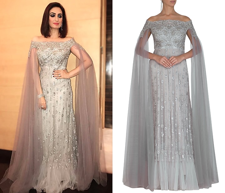 Grey Embroidered Off Shoulder Engagement Gown by Megha & Jigar at Pernia's Pop Up Shop