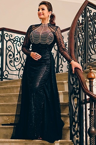 Black Poly Lurex & Lurex Tulle Crystal Embroidered Gown by Eli Bitton