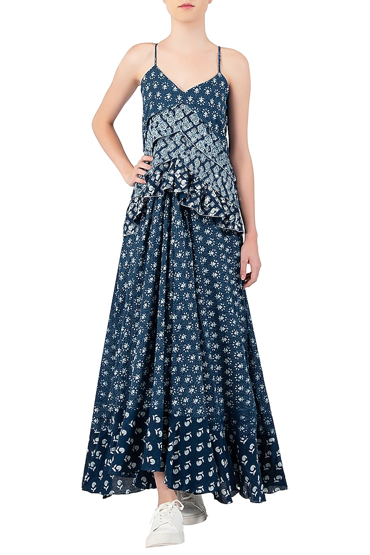 Indigo print embellished frill maxi dress available only at Pernia's Pop Up Shop.