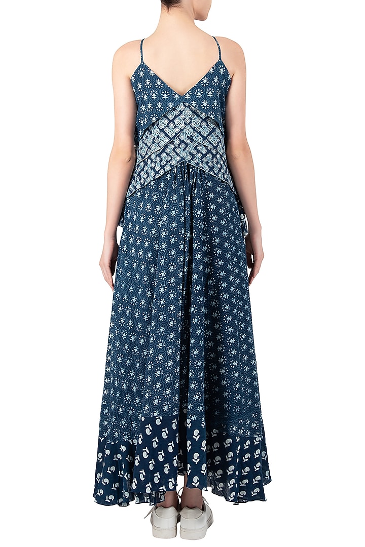 Indigo print embellished frill maxi dress available only at Pernia's Pop Up Shop.
