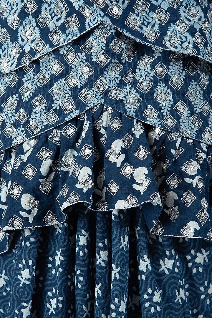 Indigo print embellished frill maxi dress available only at Pernia's Pop Up Shop.