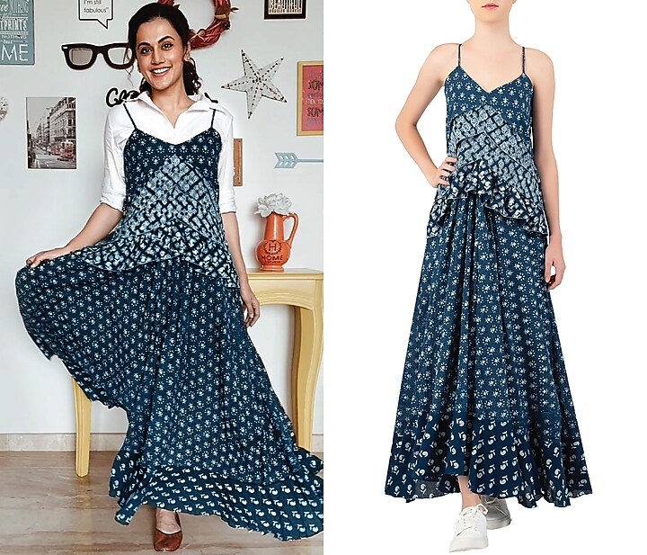 Indigo print embellished frill maxi dress available only at Pernia's Pop Up Shop.