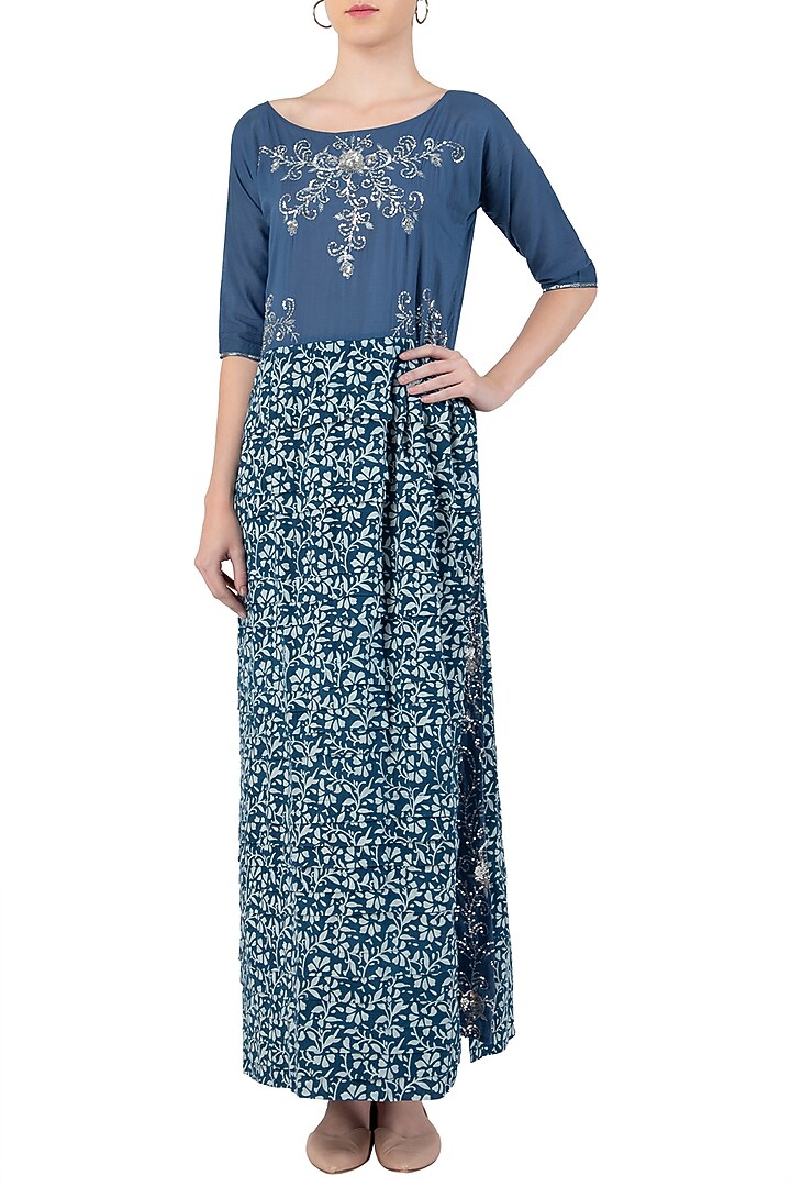 Indigo print embellished slit maxi dress available only at Pernia's Pop Up Shop.