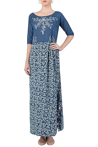 Indigo Print Embellished Slit Maxi Dress by Akashi