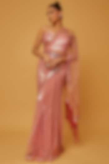 Brick Pink Net Kalidar Saree Set by Anita kanwal studio