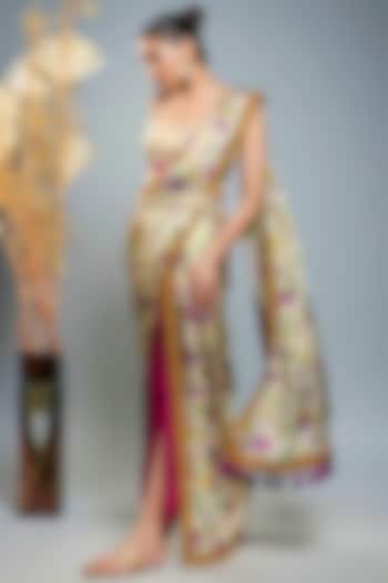 Gold Tissue Hand Embroidered Pre-Draped Saree Set by Anita kanwal studio