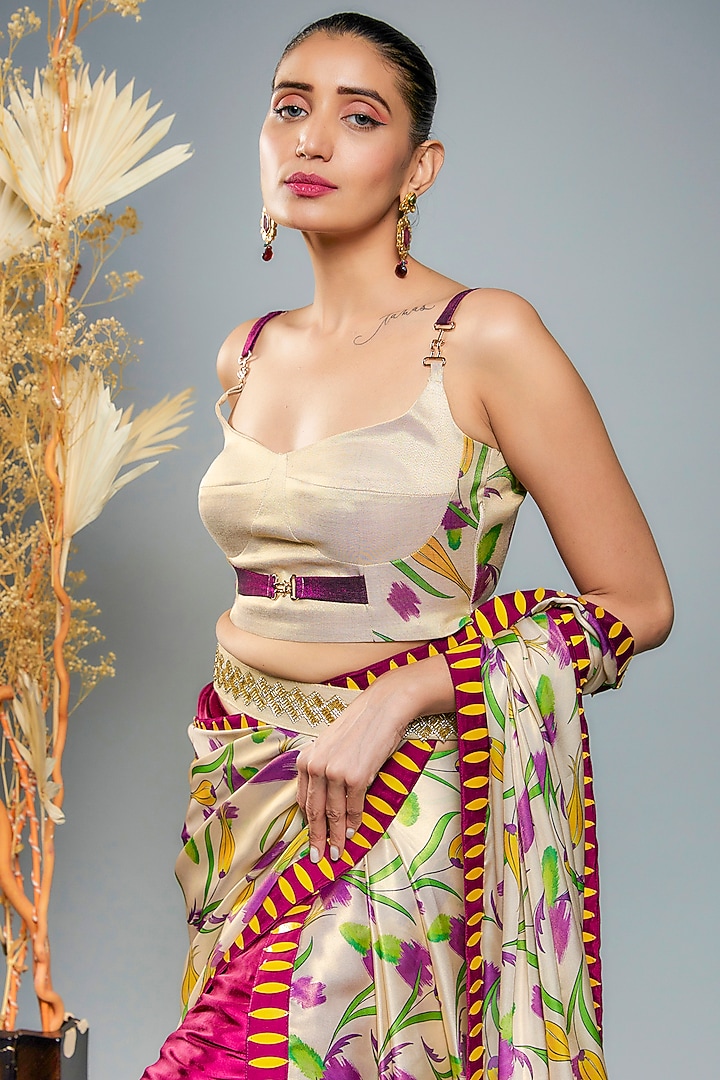Gold Tissue Hand Embroidered Pre-Draped Party Wear Saree Set by Anita kanwal studio at Pernia's Pop Up Shop
