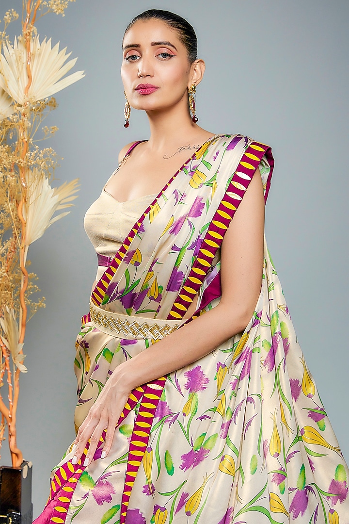 Gold Tissue Hand Embroidered Pre-Draped Party Wear Saree Set by Anita kanwal studio at Pernia's Pop Up Shop