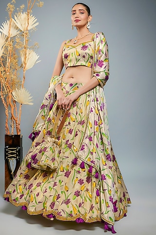 Gold Tissue Hand Embroidered & Digital Printed Lehenga Set by Anita kanwal studio