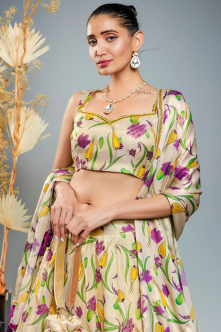 Gold Tissue Hand Embroidered & Digital Printed Wedding Lehenga Set by Anita kanwal studio at Pernia's Pop Up Shop