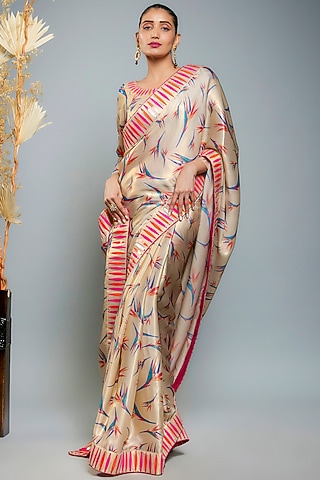 Gold Shimmer Georgette Hand Embroidered Saree Set by Anita kanwal studio