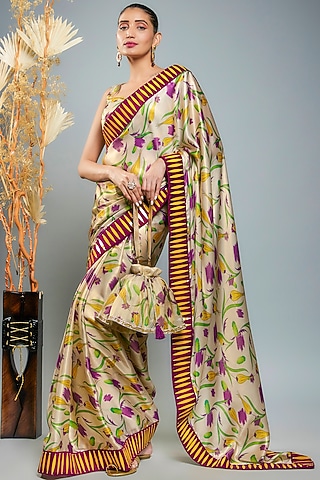 Gold Shimmer Georgette Hand Embroidered Saree Set by Anita kanwal studio