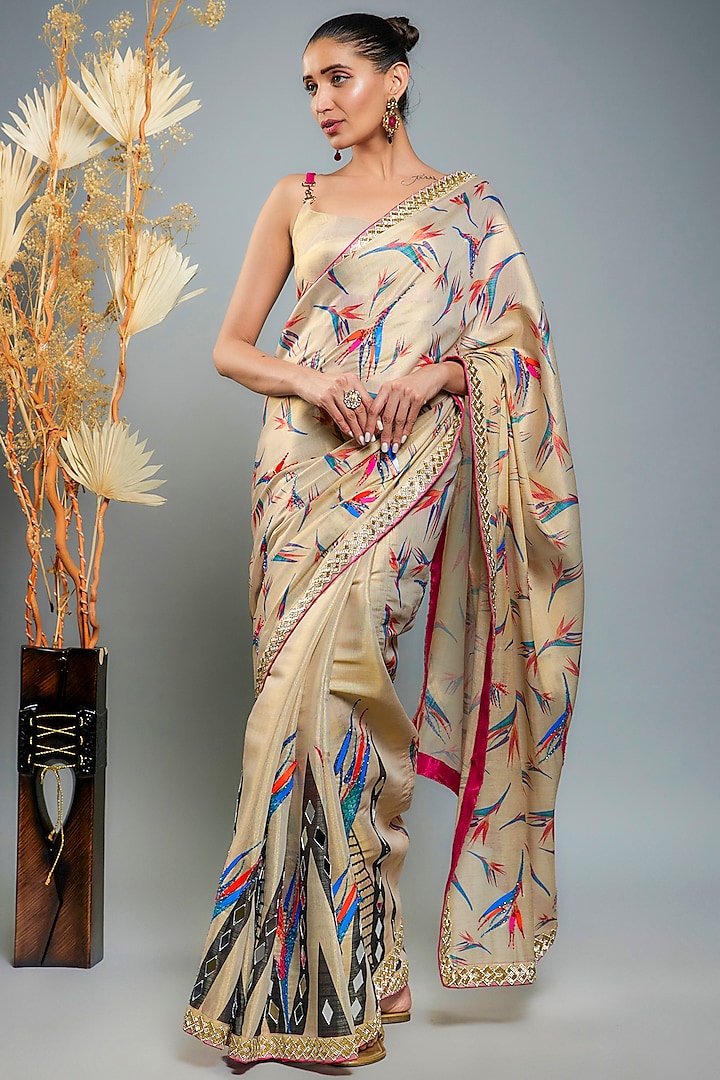 Gold Tissue Digital Printed & Hand Embroidered Saree Set by Anita kanwal studio