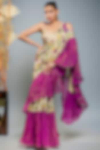 Gold & Purple Tissue Digital Printed Saree Set by Anita kanwal studio